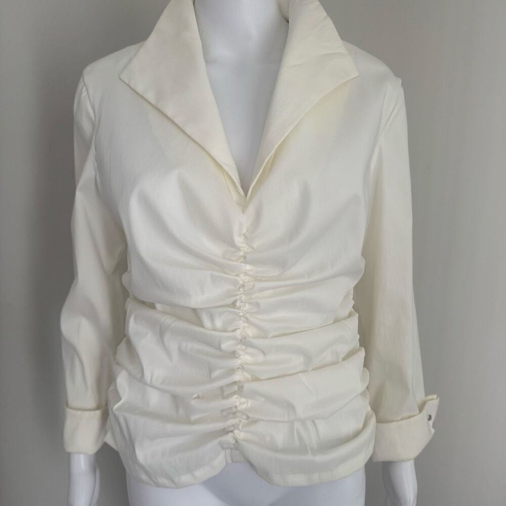 Tadashi Collection Ruched Taffeta Stretch Blouse With Button Detail White - Picture 2 of 10